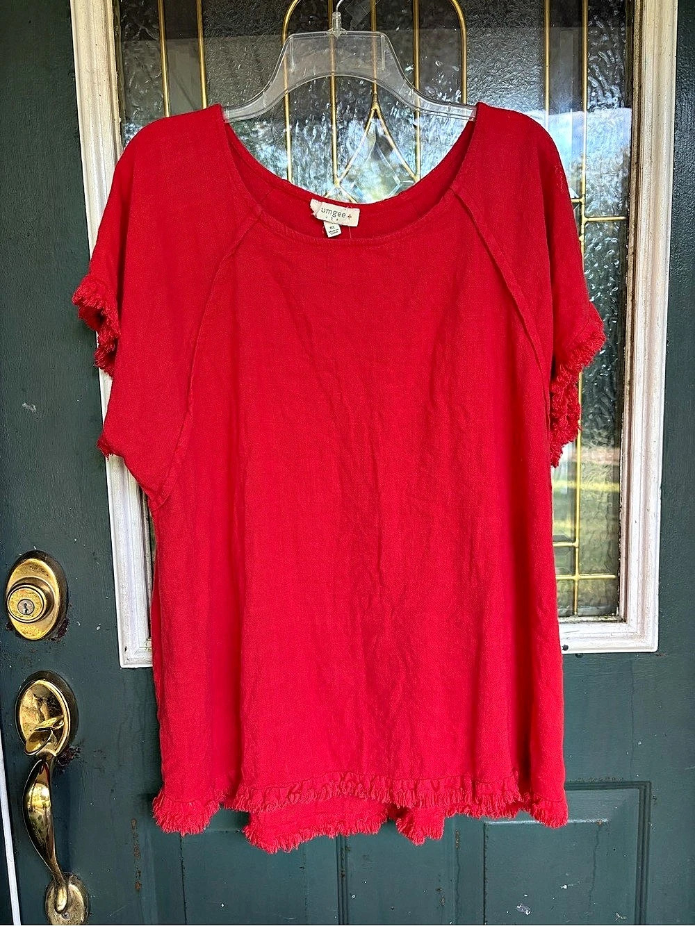 umgee Linen Blend Fringe Trim Short Sleeve Tunic Top Red XL
